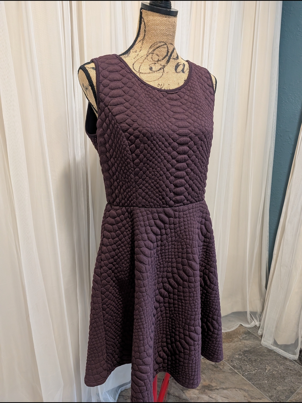 Sharagano Sleeveless Textured Fit-and-Flare Dress in Plum - Picture 3 of 8